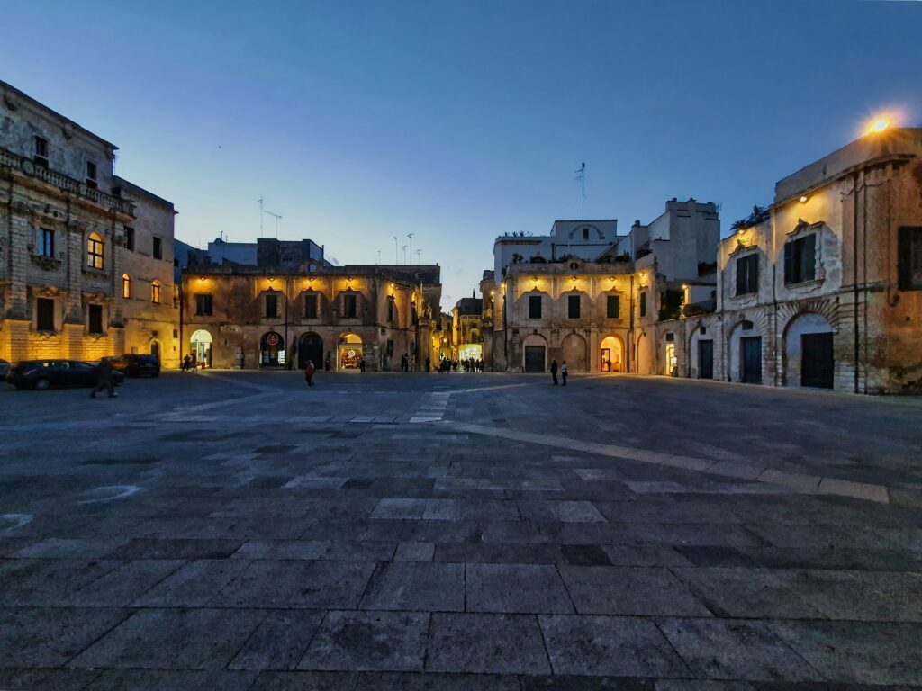 Empty European plaza at sundown