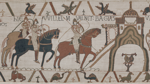 Detail of the Bayeux Tapestry showing William the Conqueror’s fleet crossing the English Channel in 1066. The Tapestry is on display at the British Museum through July 11, 2027.